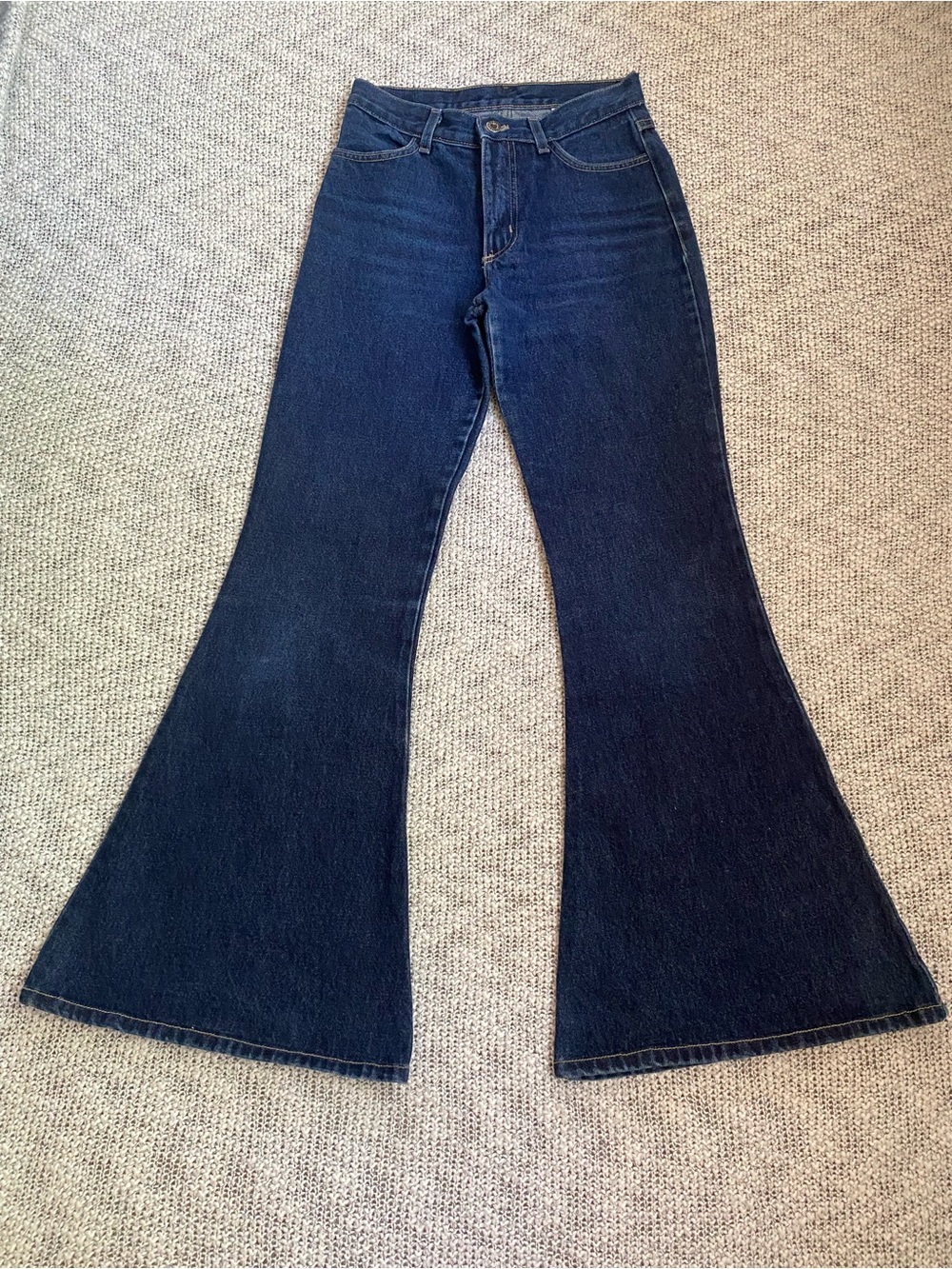 Eunina Made In USA High Rise Flare Bell Bottom Jeans Size 7 Dark Wash Denim Boho